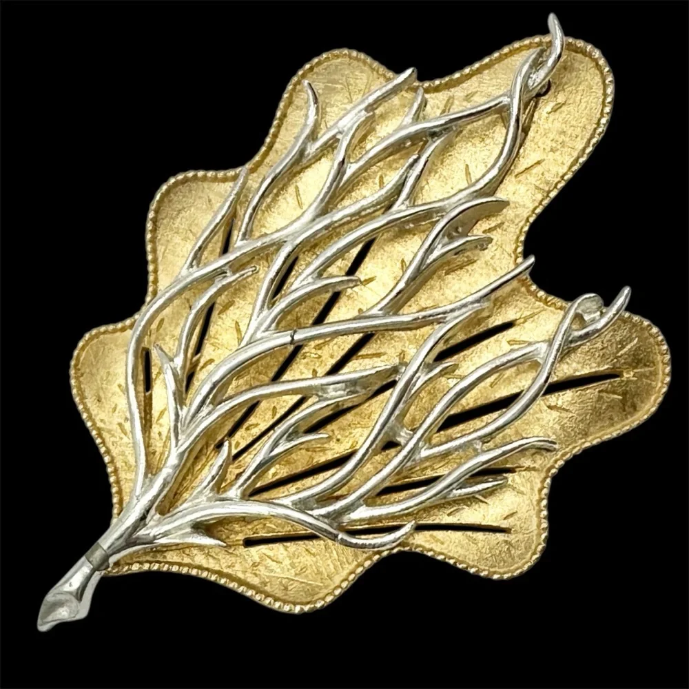 Coro Signed Vintage Gold & Silver Tone Leaf Branch Brooch Pin